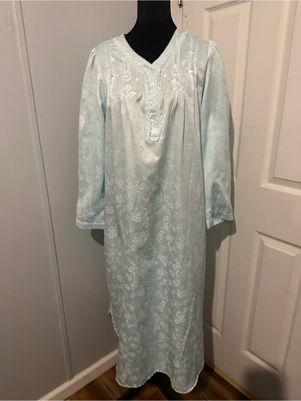 Miss Elaine Light Blue Floral Nightgown with Embroidered Yoke